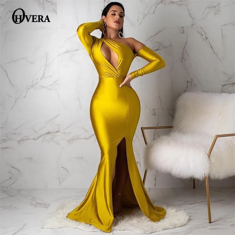 

Ohvera 2018 Autumn High Split Sexy Dress Women One Shoulder Bodycon Dress Winter Party Maxi Long Dresses Elegant Vestidos