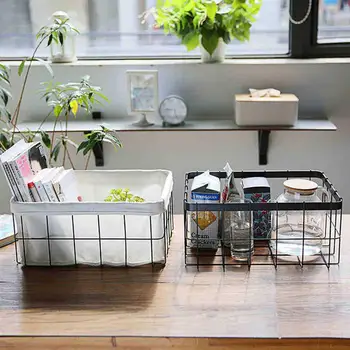 

Wrought Iron Storage Box Kitchen Fruit Basket Sundries Container Desktop Organizer for Books Snacks (with Lining)