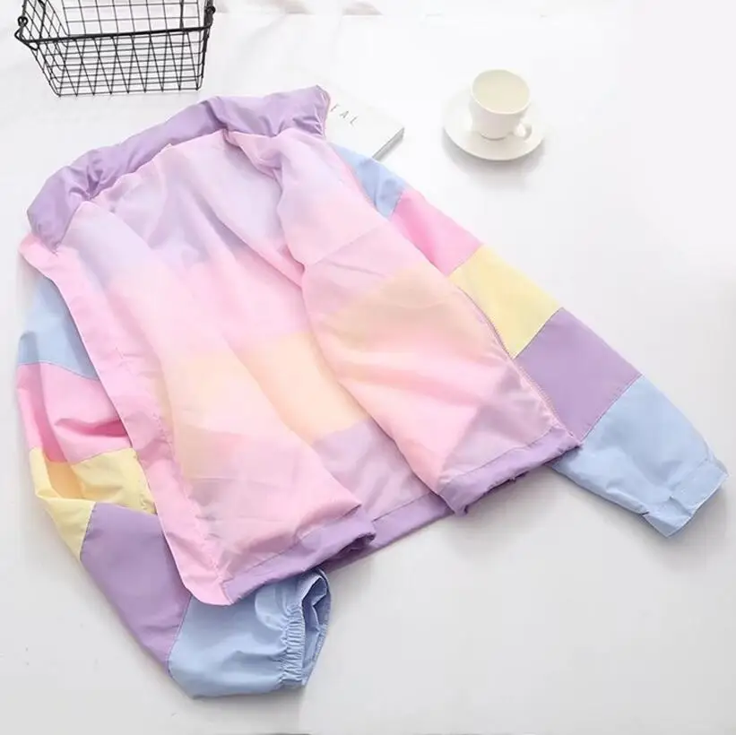 Most effective  Spring thin Rainbow Jacket with Removable Hat Female Loose Rainbow Splicing Color Coats Women Overs