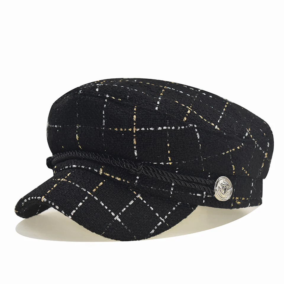Новая модная клетчатая темно-синяя шляпа восьмиугольная кепка люксовый бренд Британский Ретро хлопок маляр Стиль Повседневная молочная шляпа с плетеной веревкой