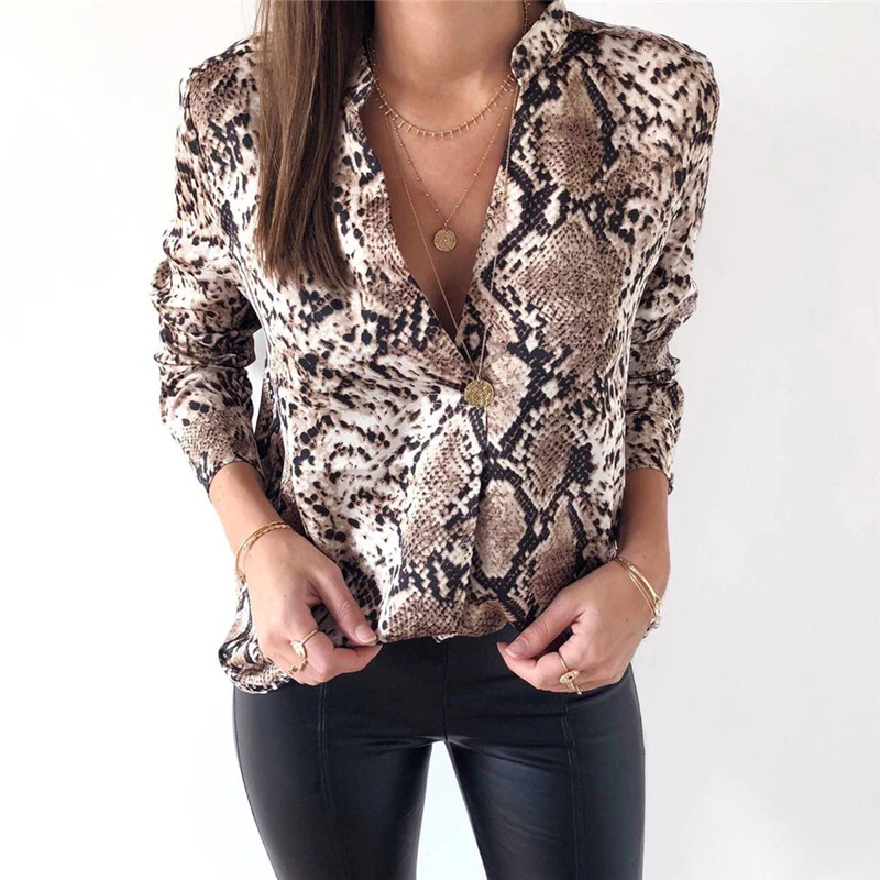 

Sexy Snakeskin Print Shirt Fashion Ladies Shirts And Tops V Neck Shirt Women Blouses Casual Sexy Womens Shirts Loose Female Tops