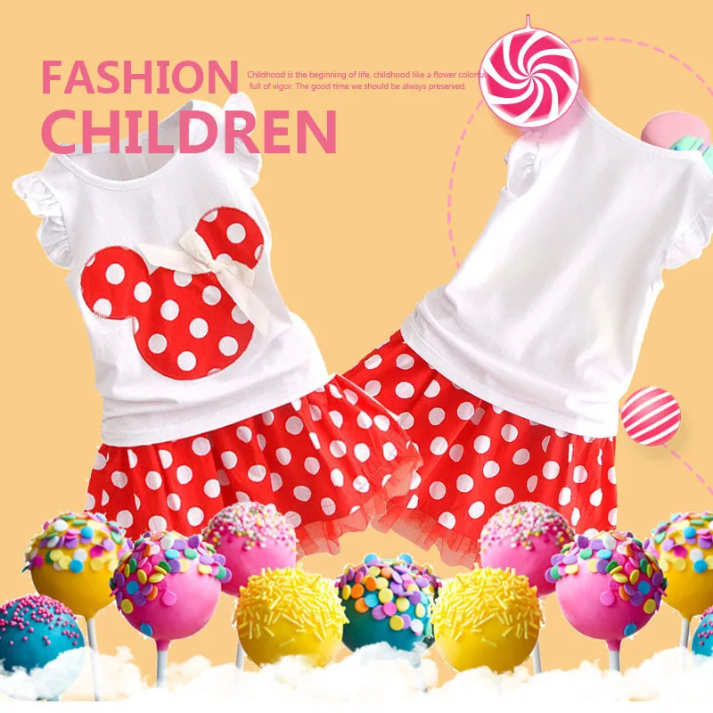 

Minnie Mouse Clothes Set Kids Baby Girls Summer Outfits Clothes Sleeveless T-shirt Tops Polka Dot Bowknot Tutu Skirt Party