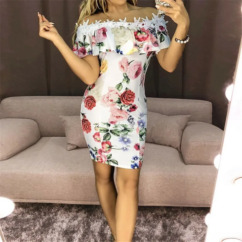 

Womens Sexy Short Dress 2019 Summer Floral Print Lace Shoulder Bodycon Slim Dress Club Party Off Shoulder Mini Dresses Vestidos