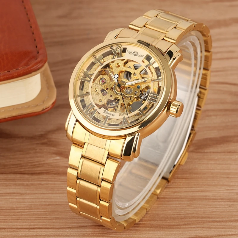 

WINNER Watch Man Automatic Mechanical Watch Men's Luxury Gold Hollow Skeleton Full Stainless Steel Business Sport Wrist Watches