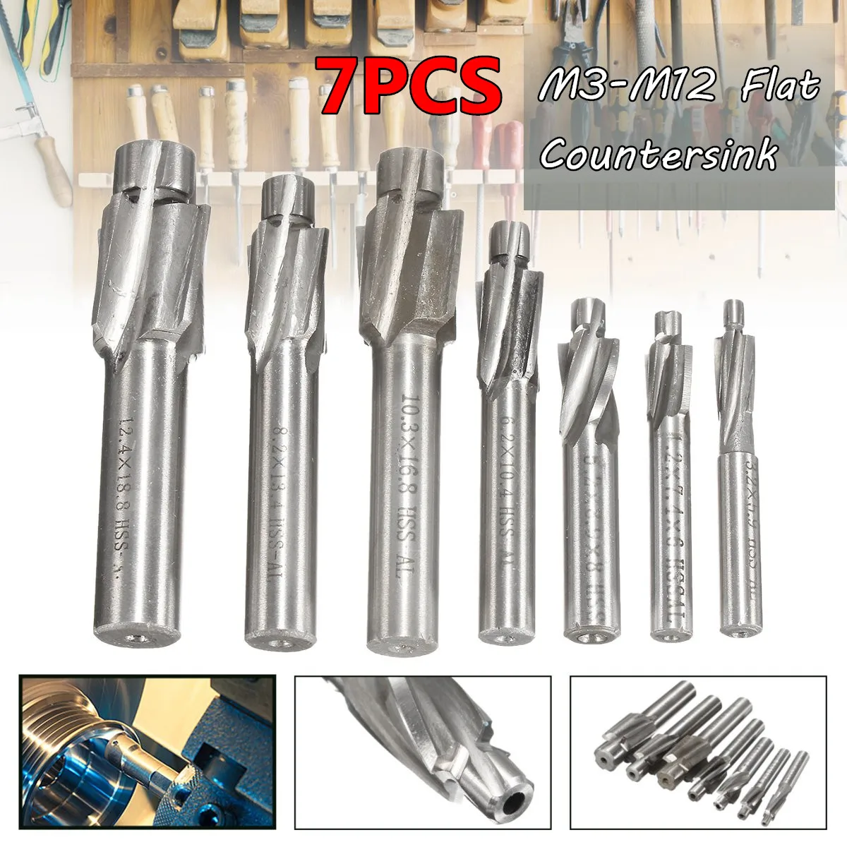

7 Piece Set HSS Flat Countersink End Milling Cutter Drill Bits Set Sunk Head Milling Cutter Countersunk Drill M3-M12