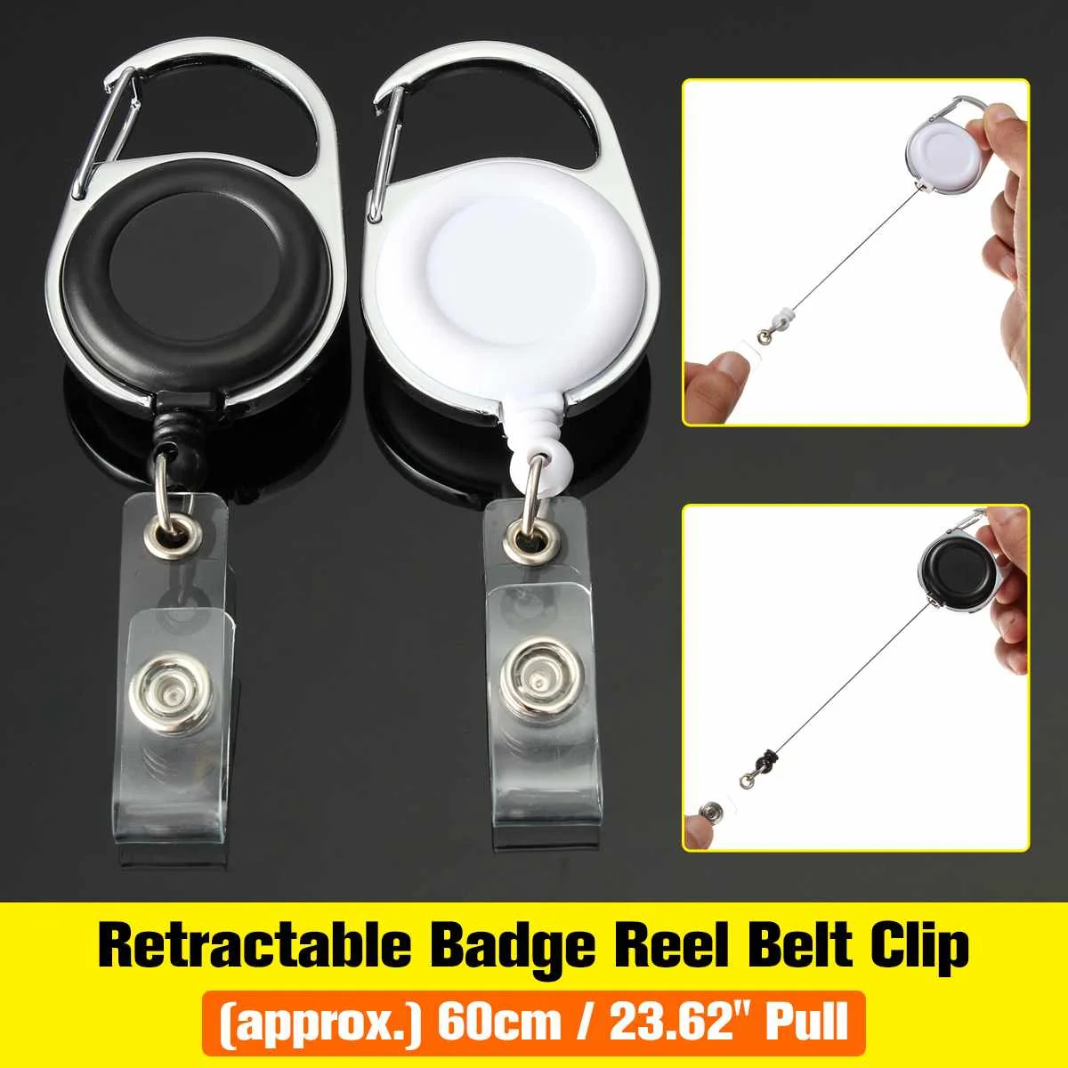 

Retractable Pull Key Ring ID Badge Lanyard Name Tag Card Holder Recoil Reel Belt Clip Metal Housing White Black Plastic Covers