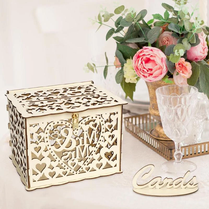 

DIY Wooden Gift Card Box Wooden Mr & Mrs Carved Box With Lock Wedding Decoration