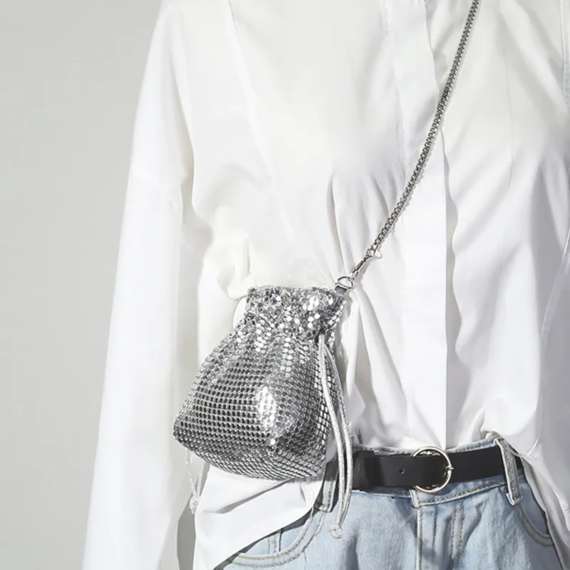 

[Super Seabob] 2019 Spring Summer Woman New Sliver Color Spliced Sequined Drawstring Single Chain Messenger Bag All Match LM194
