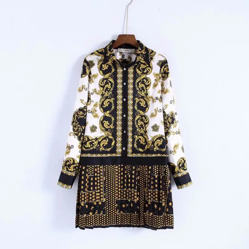 

New Women Dress 2019 Spring Geometric Prints Pleated Mini Dresses Modern Lady Retro Look Vestidos