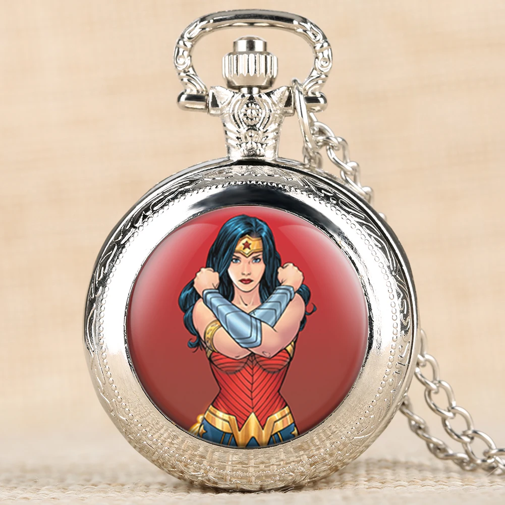 Superwomen Pattern Quartz Pocket Watches Movie Theme Pocket Watch Necklace Chain Arabic Numerals Dial Pendant Clock Men Women