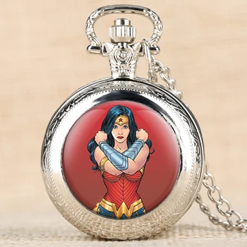 

Movie Theme Pocket Watch Superwomen Pattern Quartz Pocket Watches Necklace Chain Arabic Numerals Dial Pendant Clock Men Women