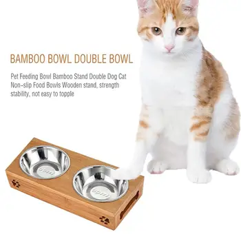

Pet Feeding Bowl Bamboo Stand Double Dog Cat Non-slip Food Bowls
