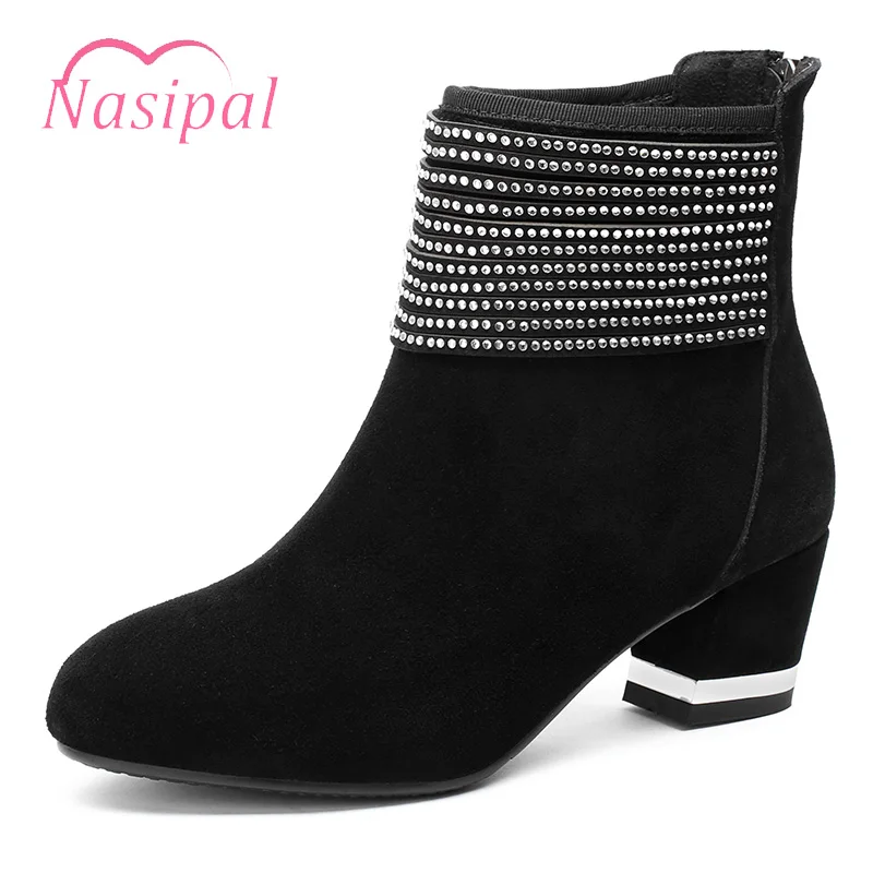 

Nasipal Ankle Boots For Autumn Winter Crystal High Heel Women's Shoes Round Toe Fashion Sexy Short Martin Motorcycle Botas Mujer