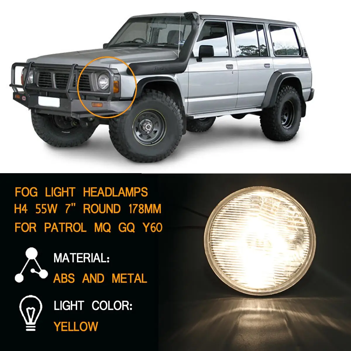 

1PC/2PCS Fog Light Headlamps with H4 55W 7'' Round 178mm For Patrol MQ GQ Y60 SSB7019N-KIT Waterproof Durable Car light styling