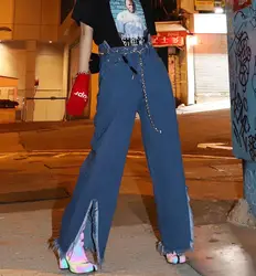 Модные Высокая талия для женщин свободные джинсовые широкие брюки панк повседневное брюки для девочек корейские джинсы