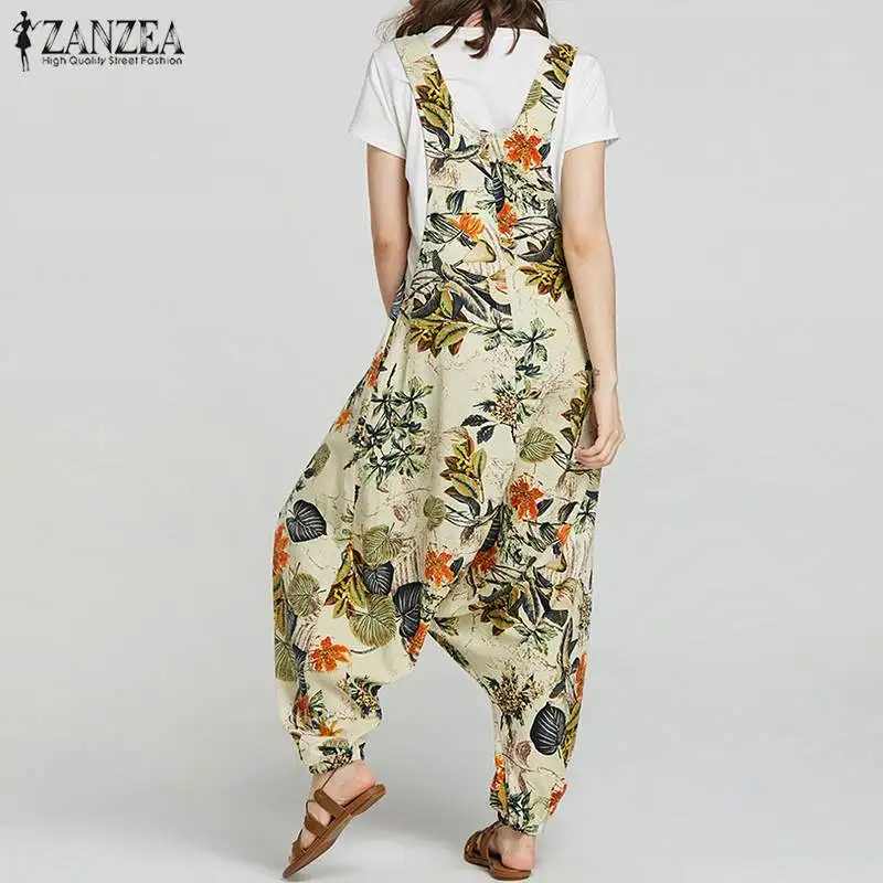 Plus Size Linen Overalls Women's Drop-Crotch Jumpsuits ZANZEA 2019 Summer Tank Rompers Vintage Print Pant Combinaison Femme 5XL