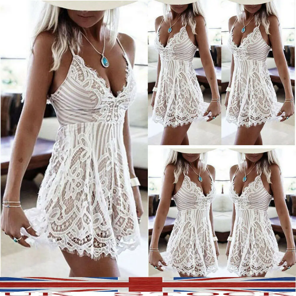 

Sexy Fashion 2019 Women Sheath Lace Sleeveless Knee Length Dress V Neck Beach Evening Party Short Dresses