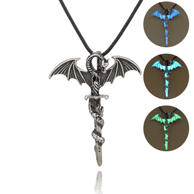 

Originality Ornaments European Tide Male Rock Fashion Pterosaur Ancient Silver Sword Noctilucent Leather Necklace MK089 shouzh