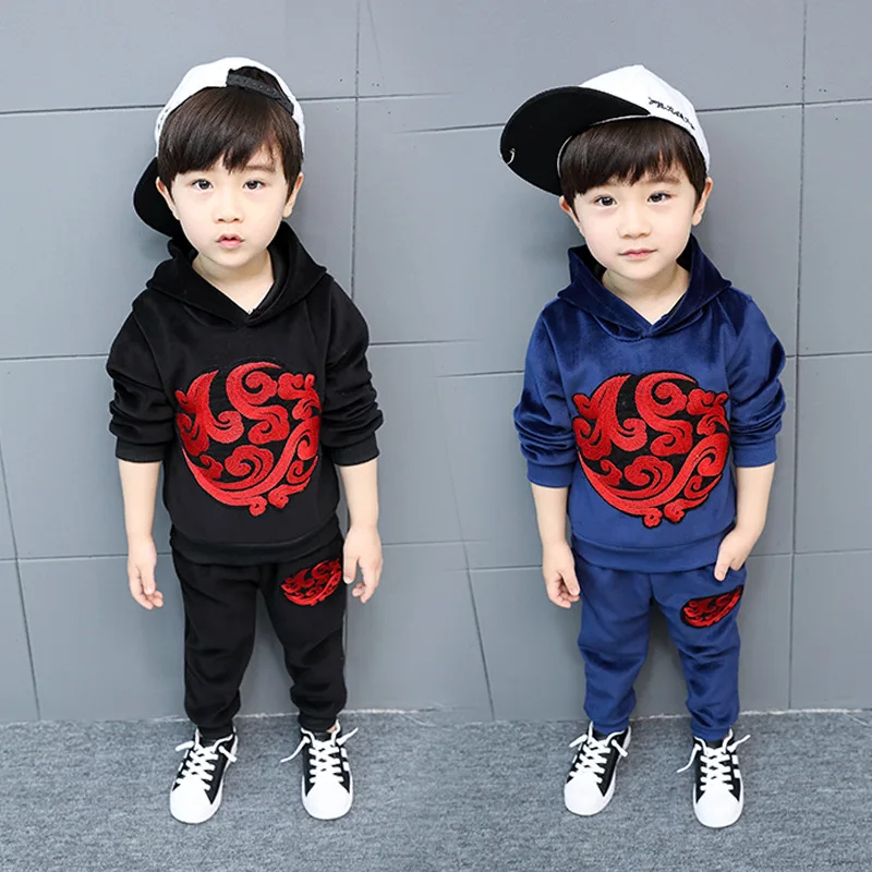 

Boys suit casual spring and autumn 2019 new long-sleeved hooded dragon gold velvet two-piece children's clothing