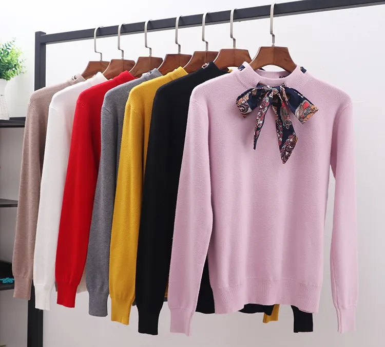 

Autumn Winter Women Solid Knotted Sweater Tops Crew Neck Office Lady Sweater Elegant Long Sleeves Sweater Jumpers