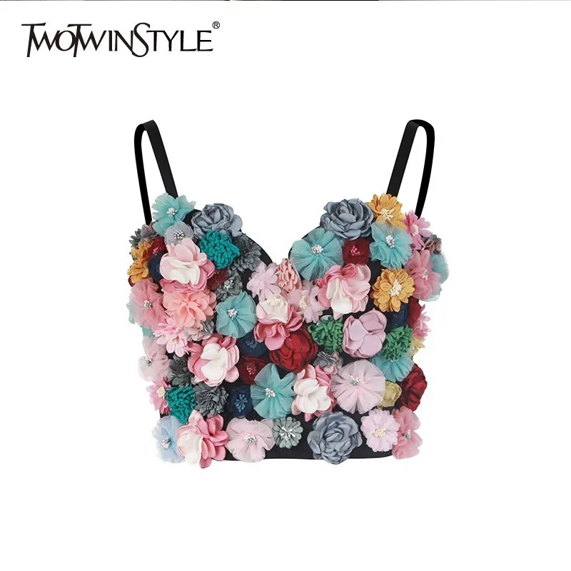 

TWOTWINSTYLE Flower Patchwork Sexy Women Vest Sleeveless Hit Colors Strapless Crop Top Female Casual Summer 2019 Fashion New