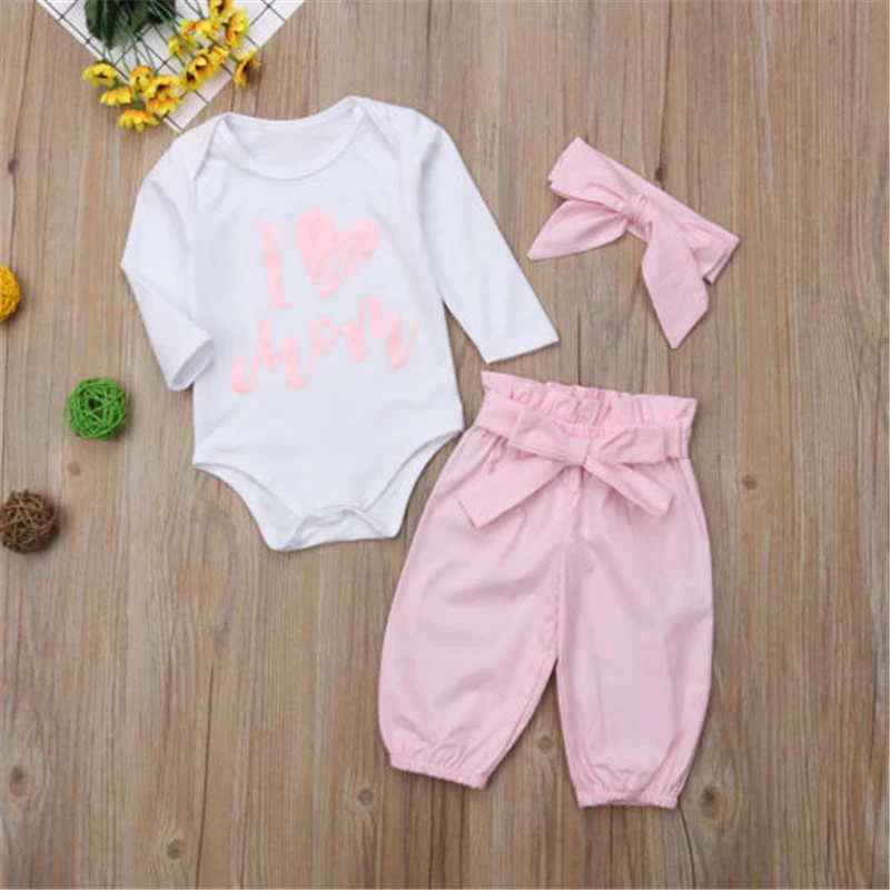 

Newborn Kid Baby Girl 3pcs Clothes Long Sleeve Letter Printed Jumpsuit Romper + Fashion Pants Headband Outfit Sets
