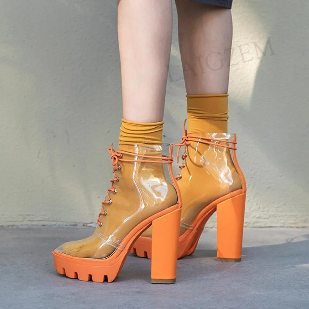 

LAIGZEM FASHION Women SUMMER Transparent Clear Ankle Boots Chunky Heels Short Boots Ladies Botines Mujer Small Big Size 33-41