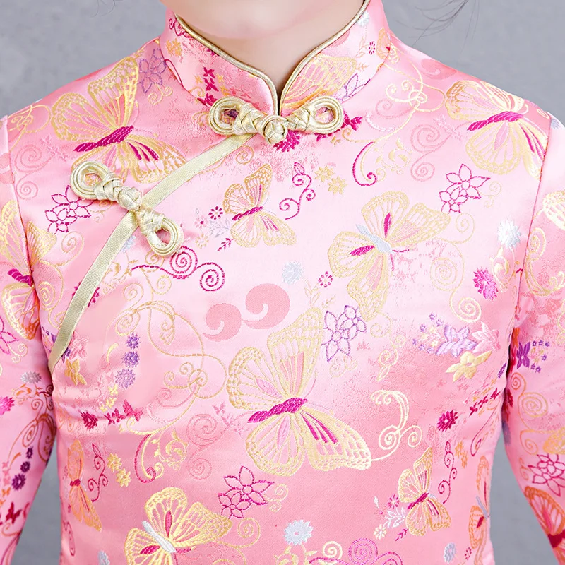 Розовый атласный Чонсам костюм для выступлений утолщение зима дети Китайский Новогоднее платье Дети Qipao длинный рукав элегантный Qi Pao
