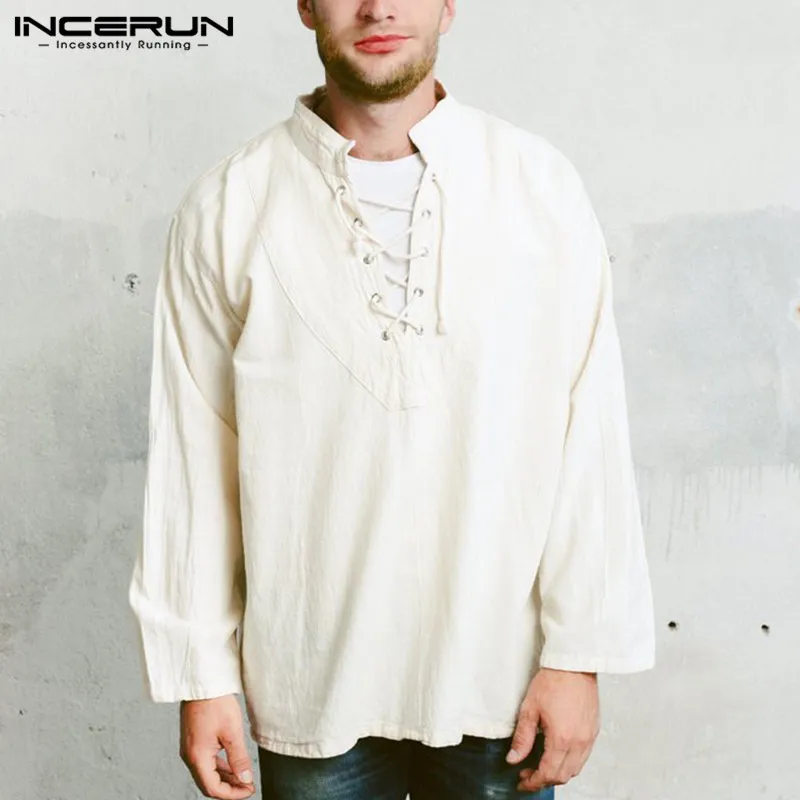 Man Shirts Tops Solid Long Sleeve Shirt Man Autumn Cotton Linen Retro Stand Collar