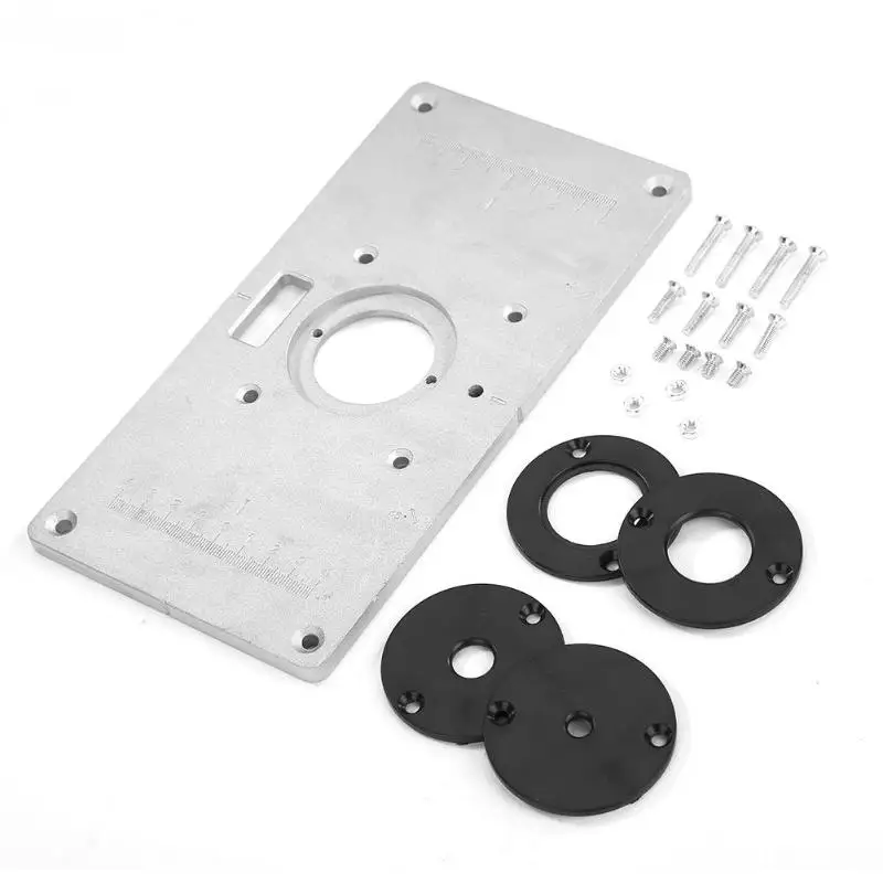 

Multifunctional Aluminum Router Table Plate with 4 Router Insert Rings Screws for Woodworking Benches