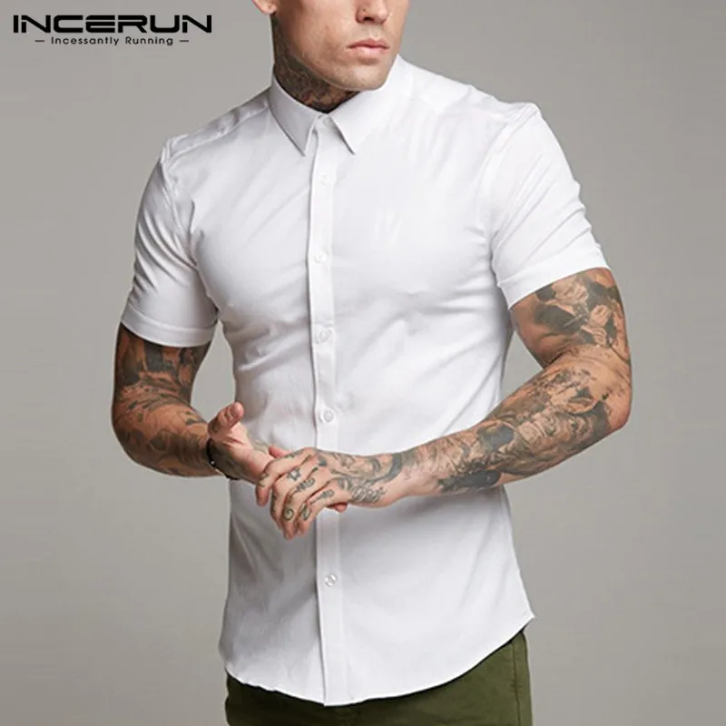 

INCERUN Fashion Shirt Men Breathable Short Sleeve Solid Streetwear Men Business Shirt Slim Fit Muscle Casual Classic Shirt Men