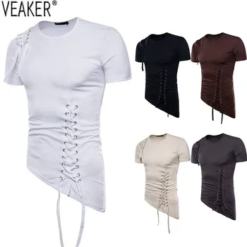 

2019 New Men's High Street T shirts Male bandage hollow out Solid Short Sleeve T Shirt Men Hip Hop O Neck Long Tshirt Tops S-2XL