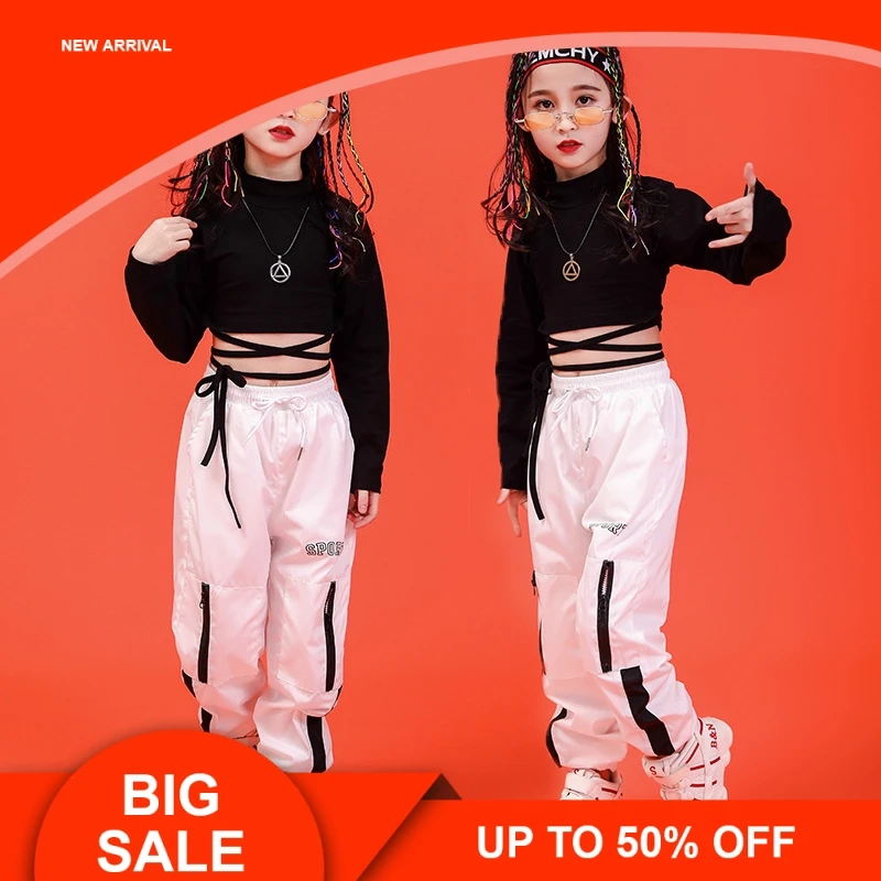 

Girls Dance Costume Kids Pant And Long Sleeve Crop Black Tops 2pcs Hip Hop Clothes Set For Girls 2019