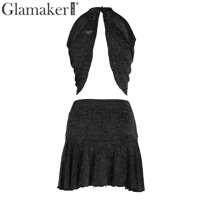Женское облегающее платье Glamaker Черное мини без рукавов с люрексом и лямкой на шее