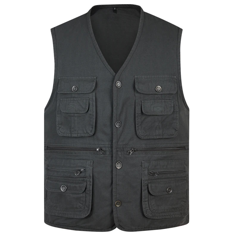 

Classic Summer Men Vest Cotton Button Multi Pocket 3 Colors Sleeveless Jacket With Many Pockets Solid Big Size Travel Waistcoat
