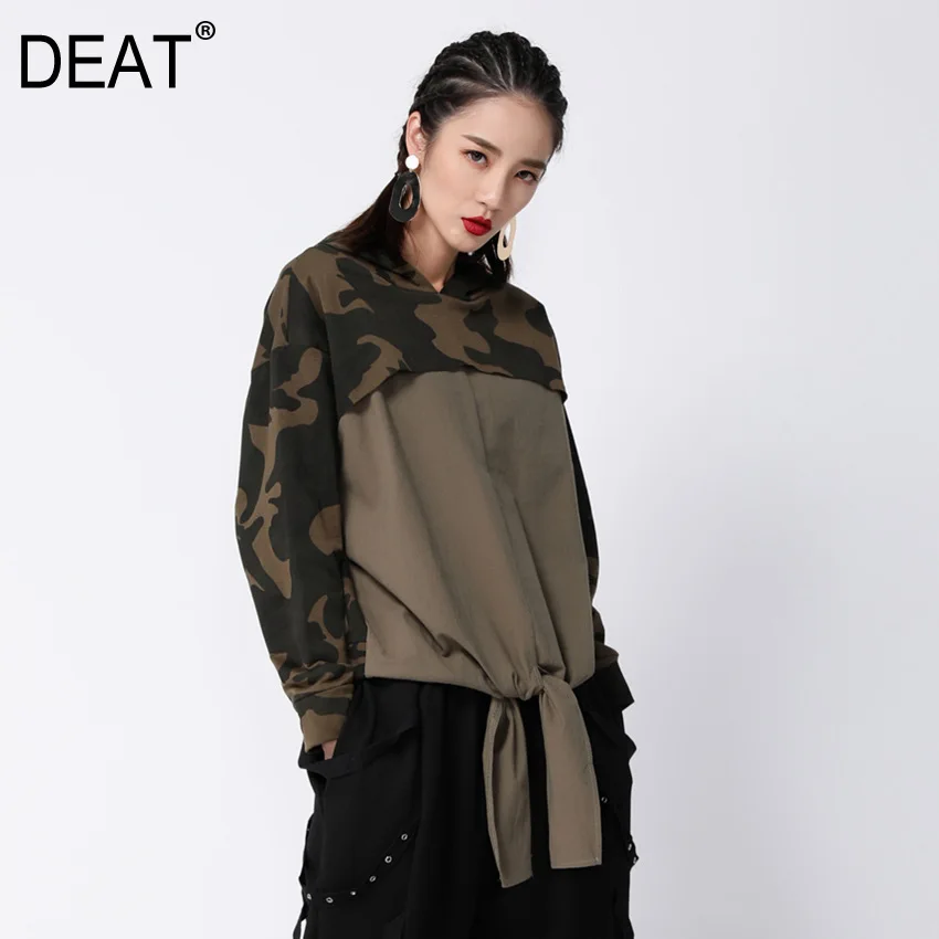 

[DEAT] 2019New Autumn Winter Full Sleeve Hooded Collar Patchwork Camouflage Vintage Women Fashion Casual Tide T-shirt OA87