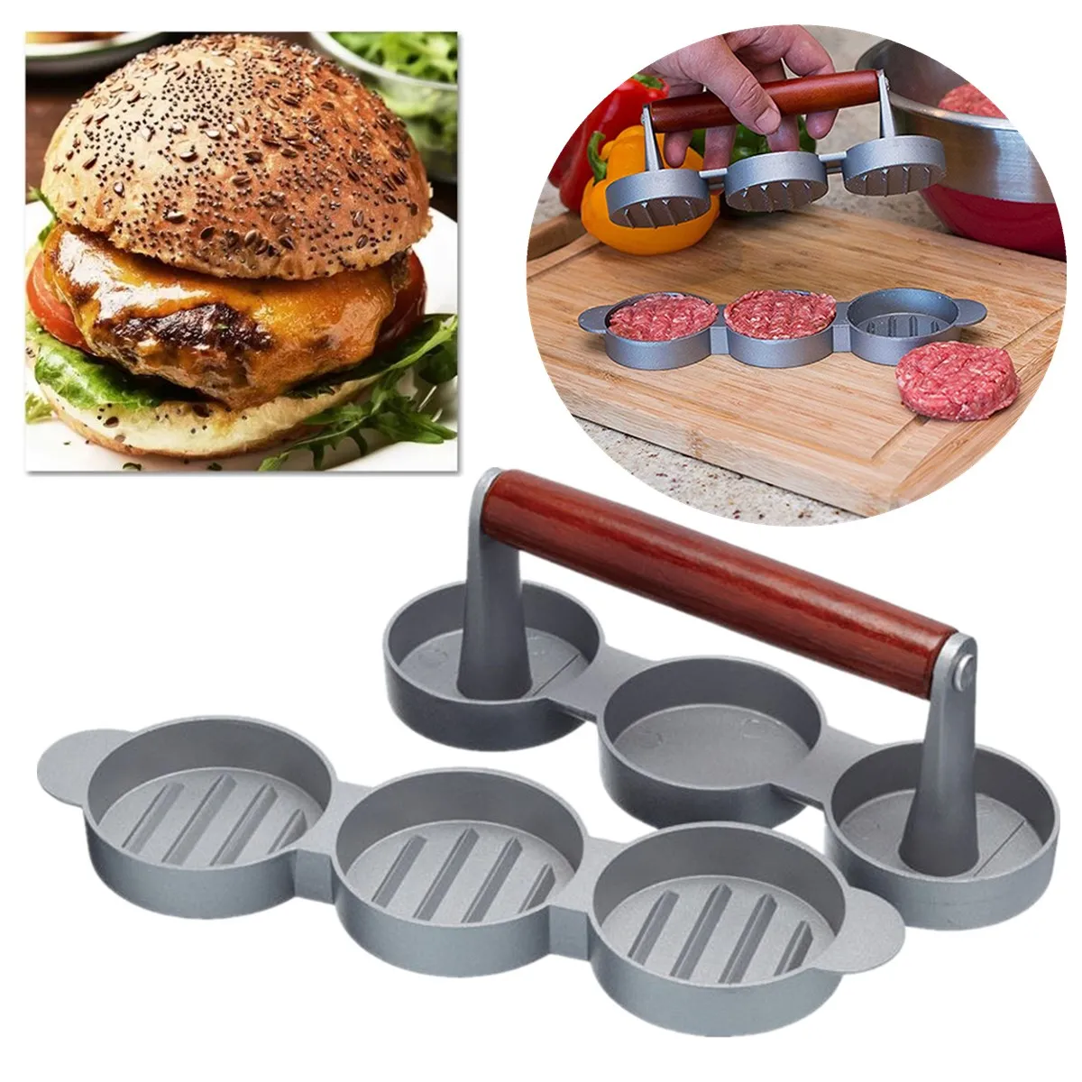 

Mini Hamburger Press Meat Maker 3 slot Nonstick Metal Burger Patties Model Round Shape Meat Hamburger Press Kitchen Tool