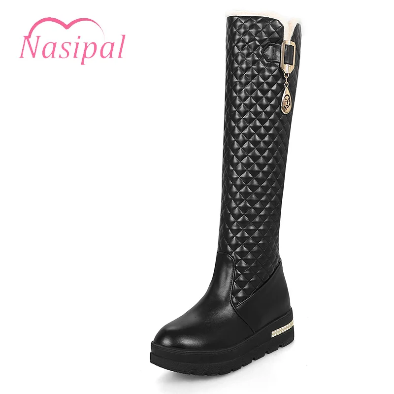 

Nasipal Knee High Snow Boots Round Toe Platform Sapatos Femininas Middle Heels Fashion Slip On Botas Mujer Black White 33-43 V66