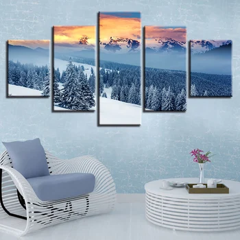 

Home Living Room Decor 5 Pieces Forest Mountain Sunset Snow Landscape Canvas Picture Modular Poster Art Shipped 24 Hours