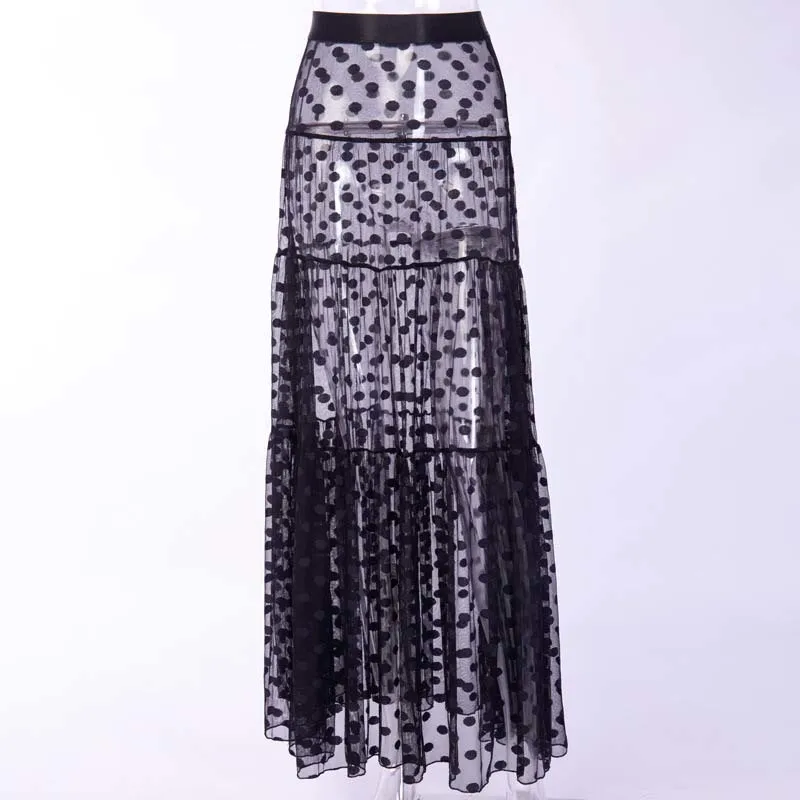 Fuedage, элегантная плиссированная юбка макси с оборками и эластичной талией, летняя женская сексуальная прозрачная сетчатая длинная юбка в горошек, пляжная одежда