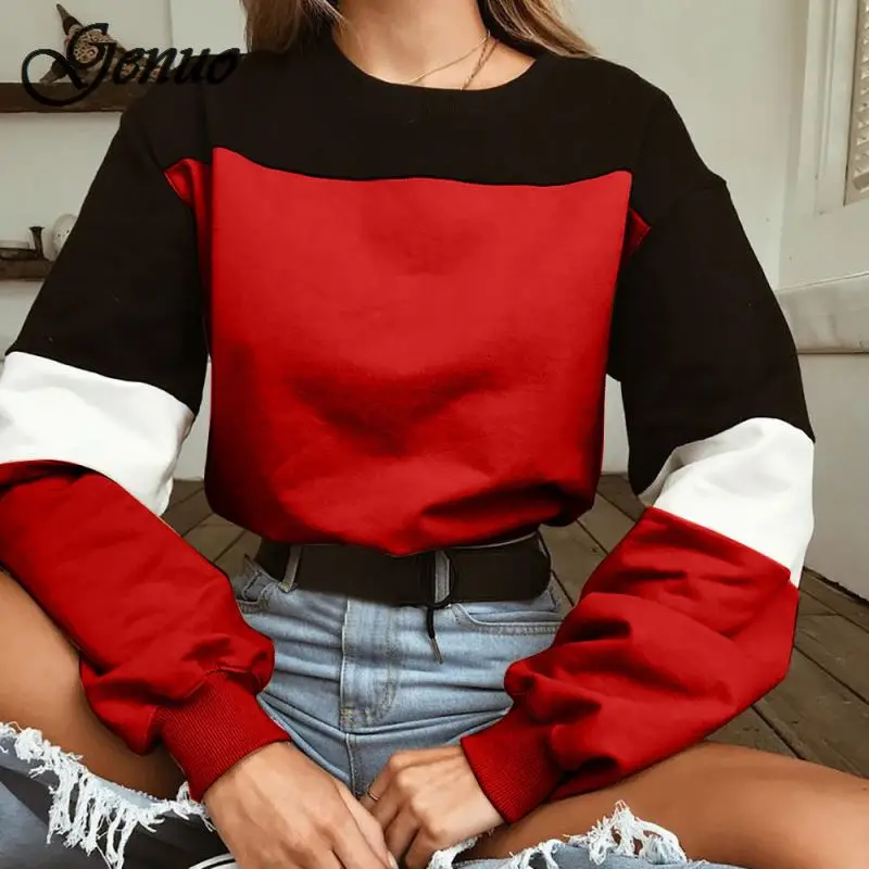 

Harajuku Women Hoodies Long Sleeve Loose Crop Top Sweatshirt Casual Patchwork Color Round Neck Elastic Waist Pullover