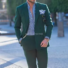 Double Breasted Dark Green Men Suits for Prom Party Suit 2019 Peaked Lapel Two Piece Jacket Pants Custom Wedding Groom Tuxedos