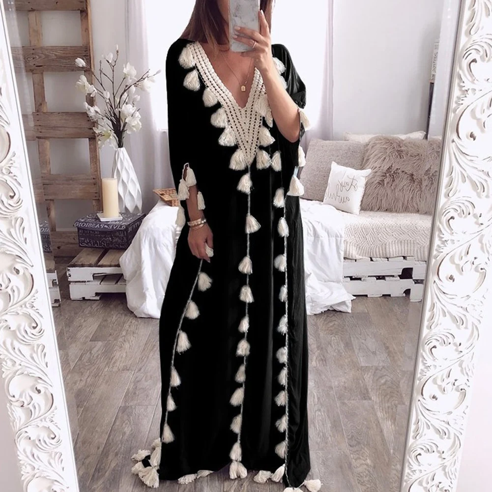 Женское Макси платье большого размера Boho летнее пляжное повседневное длинное с v
