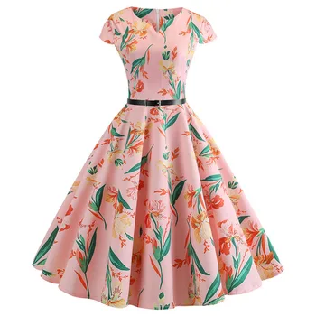

Vintage Dresses 2019 Floral Print Summer Dress Women 50s 60s Short Sleeve V Neck Swing Party Dresses Vestidos Plus Size