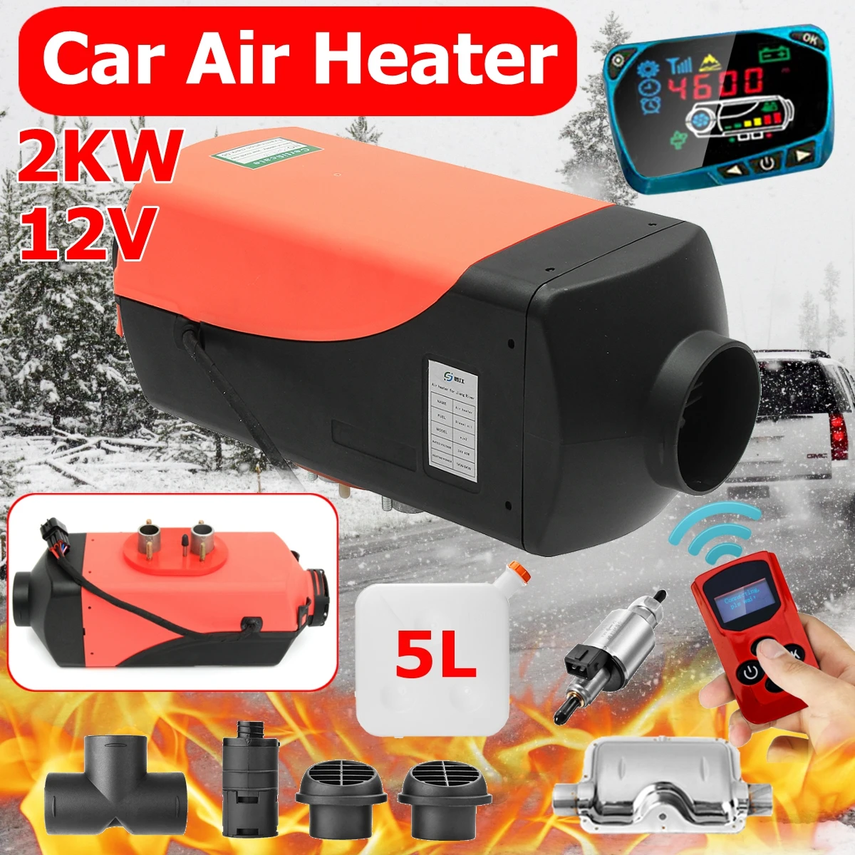

2000W 12V Car Air Parking Heater Demister Defroster Automatic Temperature Control Set Free 5L Tank Silencer Pipe 1 Hole Output