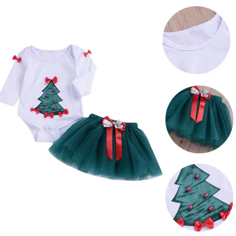Рождественская Одежда для новорожденных девочек, топ, футболка, боди, комбинезон + фатиновая юбка-пачка, хлопковый комплект одежды для детей