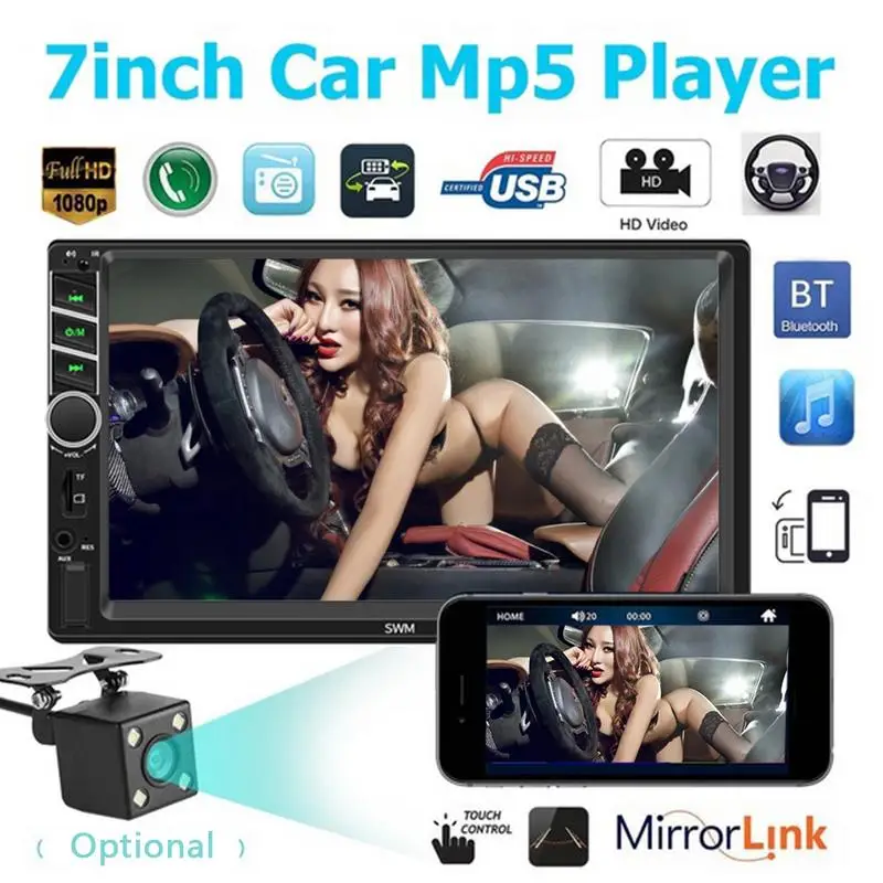 

7" 2 DIN MP5 Car Player Bluetooth Touch Screen Stereo Radio Camera Supports Android IOS System MirrorLink