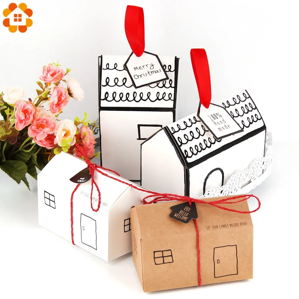 

5PCS White Kraft House Shape Gift Candy Box Cookies Package With Ribbon For Birthday Wedding Christmas Party Favor Supplies