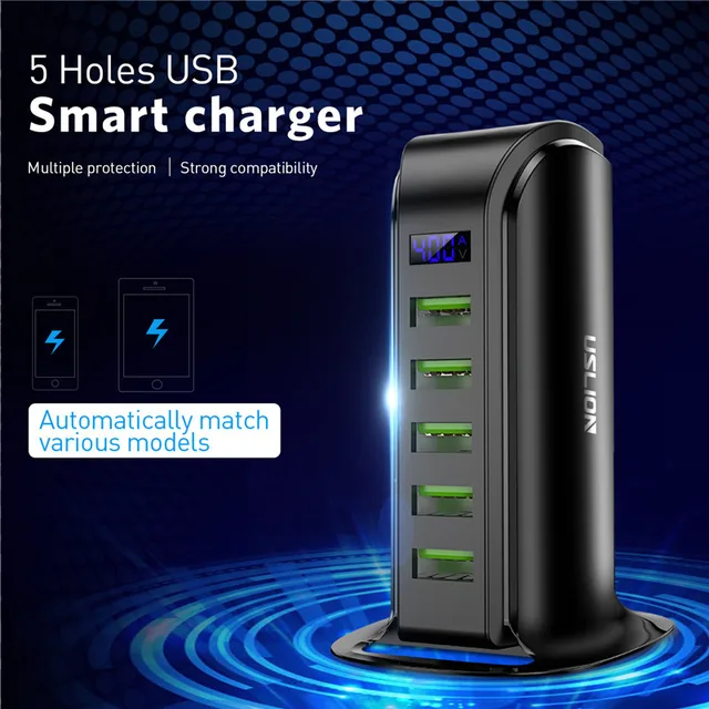 USLION 5 Port USB Charger HUB LED Display Multi USB Charging Station Dock Universal Mobile Phone