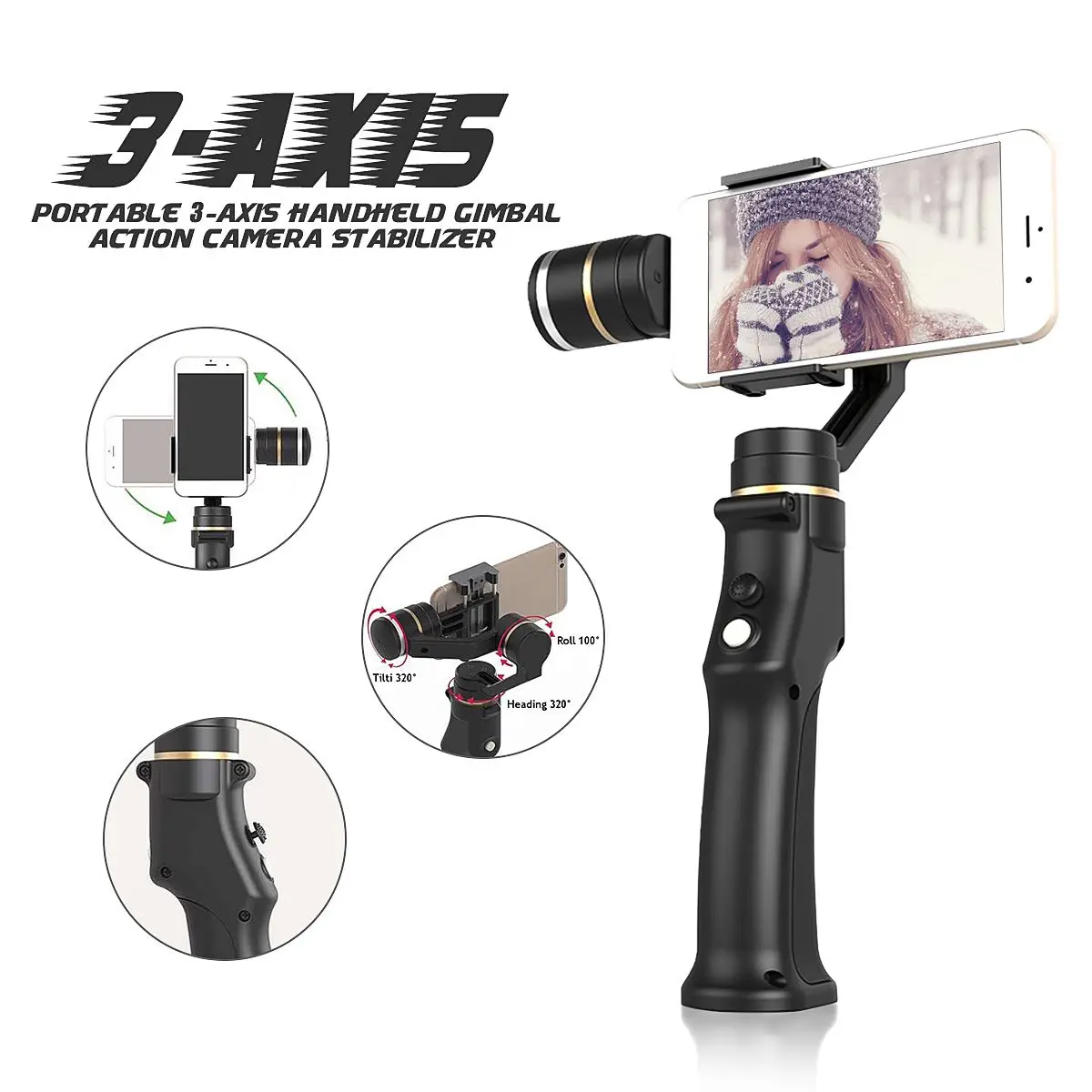 

3 Axis Gimbal Action Camera Handheld Stabilizer With Clip Holder Stick for Gopro Camera Cell Phone Handheld Gimbal Stabilizers